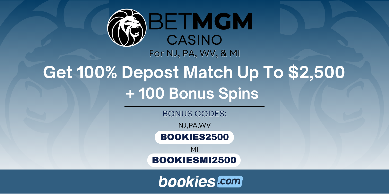 BetMGM Casino Bonus Code BOOKIES2500: $2,500 Match Bonus + 100 Free Spins (Jan. 30)
